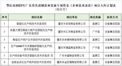 广东肇庆6家陶瓷企业技改项目将获省技改专项资金